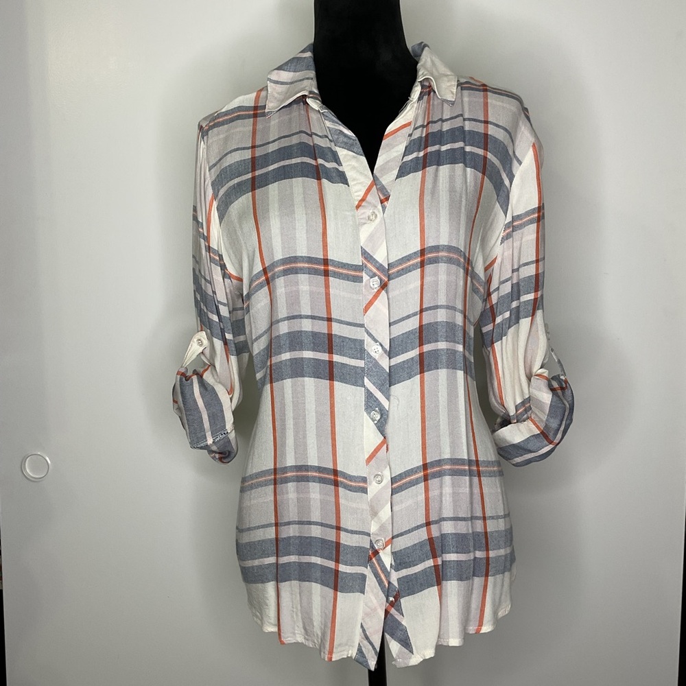 White, Gray and Orange Plaid Button-Down Long Sleeve Shirt Size M